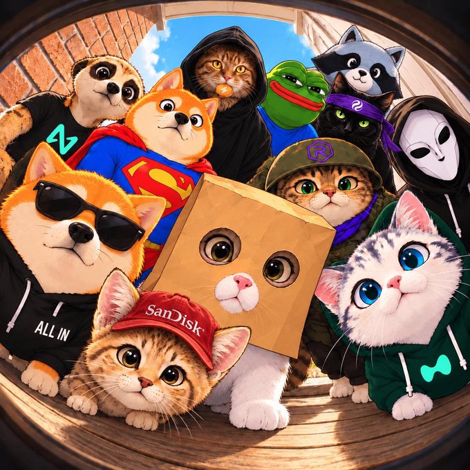 A colorful group of meme-costumed cats crowds into a wooden tunnel, dressed as Superman, Homer Simpson, Luigi, Ninja Turtles, Robin, a baseball player, and other characters; visible text includes “SanDisk,” “ALL IN,” and an “R” logo. The absurd lineup of pop-culture meme personas visually supports the post’s joke about “memes that reward holders.”
