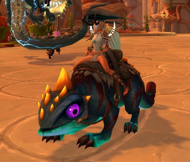 A female character rides a blue and green spiked mount resembling a dinosaur in a World of Warcraft video game setting.