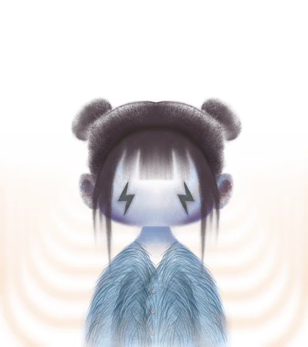 A stylized illustration of a figure with twin buns, pale blue skin, and lightning bolt eyes, rendered in a soft, dreamy aesthetic with rippling wave patterns behind them, perfectly matching the Milady NFT-inspired vibe of the new PFP.