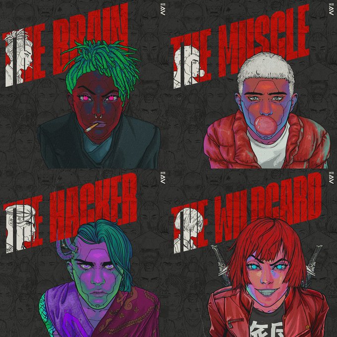 Four anime-style character illustrations in a grid layout with red graffiti-style text labels: 'THE BRAIN' (green-haired character), 'THE MUSCLE' (blonde character with gum bubble), 'THE HACKER' (purple-skinned character), and 'THE WILDCARD' (red-haired character).