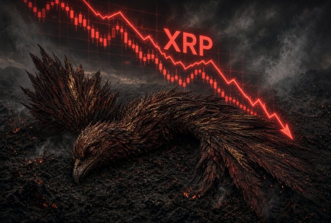 A dramatic illustration of a fallen eagle-like creature beneath a red downward-trending chart labeled 'XRP' with a falling arrow.