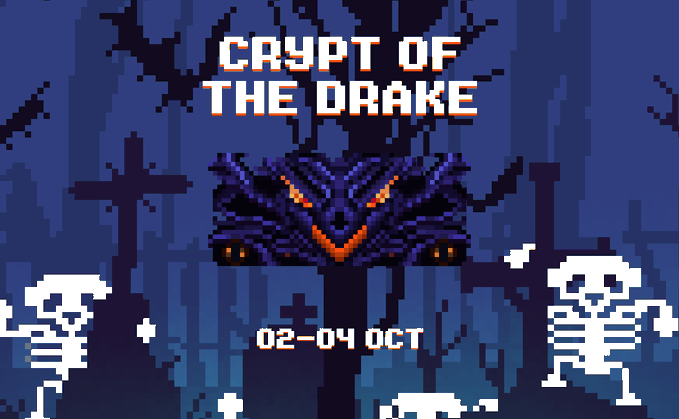 A pixel art graphic with retro 8-bit style reading 'CRYPT OF THE DRAKE' and '02-04 OCT', featuring a purple dragon face and skeletons in a graveyard setting.