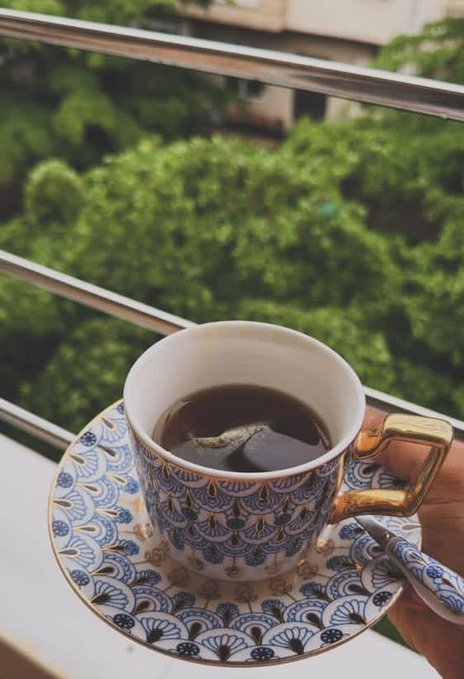 The image features a cup of tea sitting on top of a saucer, with a hand holding it. The background shows a balcony overlooking trees, giving an impression of being outdoors or near nature. The caption for the image reads "GM Good morning. Happy Friday. May today bring good energy and small wins." This suggests that the person holding the cup might be enjoying their tea in a pleasant environment while contemplating the day ahead.