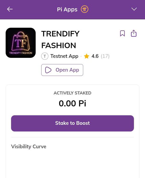 A mobile app screenshot showing 'TRENDIFY FASHION' listed on 'Pi Apps' as a Testnet App with a 4.6 rating (17 reviews), displaying 'ACTIVELY STAKED 0.00 Pi' and a 'Stake to Boost' button.