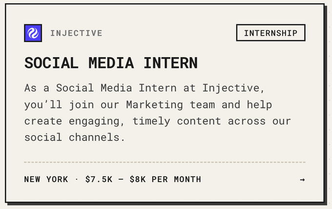 Job listing card for a Social Media Intern at Injective based in New York, paying $7.5K - $8K per month, describing a role creating engaging content across social channels.