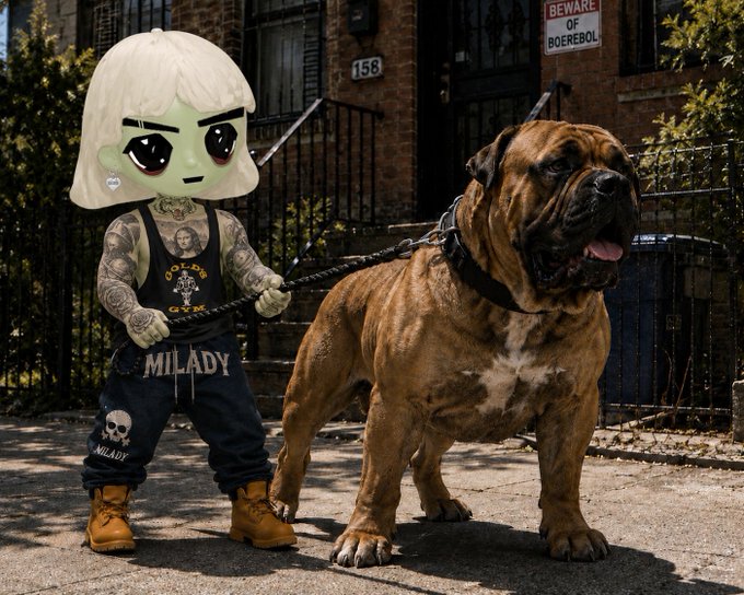 A surreal image of a cartoonish pale-haired tattooed character wearing a 'Milady' tank top and Timberland boots, holding a leash attached to a massive brown Boerboel dog in front of a 'Beware of Boerboel' sign.
