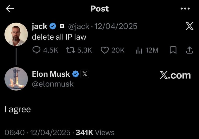 A screenshot of an X post from Jack (@jack) dated 12/04/2025 reading "delete all IP law" with 20K likes and 12M views, followed by Elon Musk (@elonmusk) replying "I agree." The image humorously supports the post's argument by showing even tech leaders questioning IP law, while the caption argues that Liv's mum holds the true IP rights to $ASTEROID, positioning the low-cap token as the one destined to pump to billions.