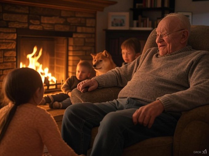 An elderly man sits in a chair smiling warmly as children and a Shiba Inu dog gather around a stone fireplace in a cozy living room (Grok logo visible).