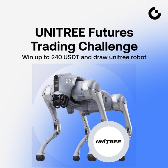 A promotional banner for the "UNITREE Futures Trading Challenge" invites participants to win up to 240 USDT and a Unitree robot, featuring an image of the quadruped robot labeled "02" alongside the Unitree logo, tying into the campaign's focus on AI robotics trading rewards.