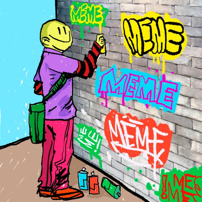 A colorful cartoon illustration of a figure in a purple hoodie and pink pants spray-painting graffiti tags on a brick wall, surrounded by various colorful spray paint cans.