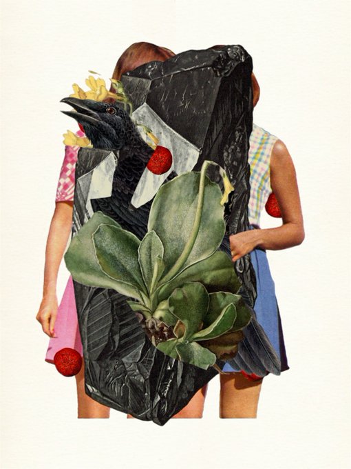A collage depicts two girls in dresses standing close together, with a large, dark sculptural rock featuring a green succulent and two black birds superimposed over them.