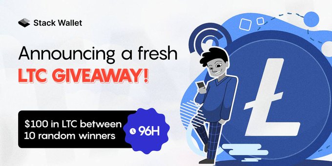 A Stack Wallet promotional graphic announcing a 'fresh LTC GIVEAWAY!' offering '$100 in LTC between 10 random winners,' featuring a cartoon character with a Litecoin logo.