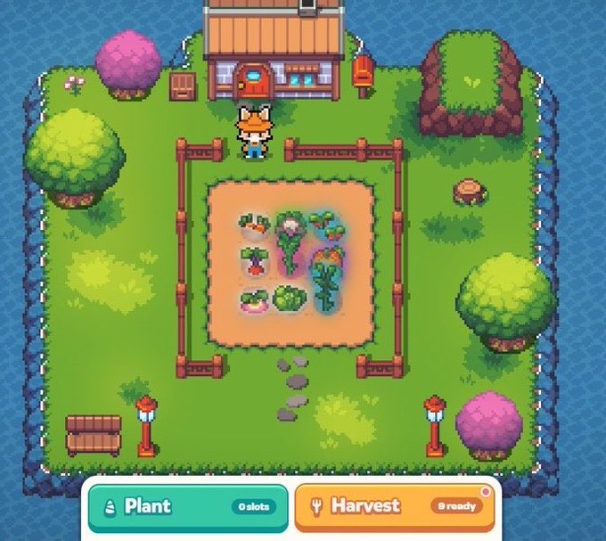 A pixel art game screen showing a garden plot with planted crops, a character with an orange hat, and 'Plant' and 'Harvest' buttons labeled '0 slots' and '9 ready' at the bottom.