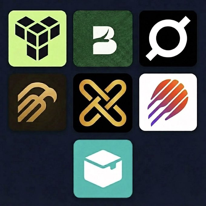 A grid of seven cryptocurrency-related app icons, including logos resembling green block cubes, Bitcoin/Binance, a circled-Q symbol, a gold eagle, a gold intertwined knot, an orange claw mark, and a teal graduation cap.