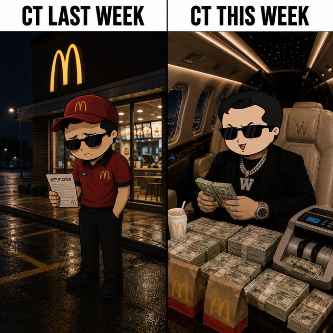 A meme compares 'CT Last Week' (a McDonald's employee holding an application) with 'CT This Week' (a person in a private jet surrounded by stacks of cash).