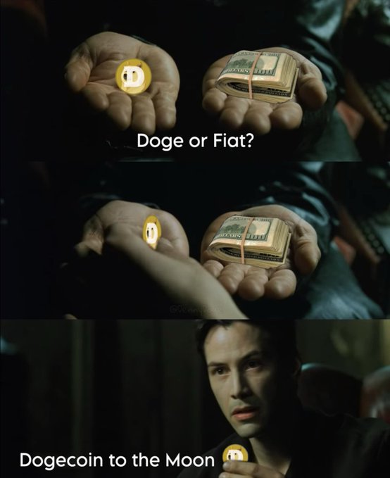 The meme depicts a choice between Dogecoin and fiat currency, with the text "Dogecoin to the Moon" indicating a preference for Dogecoin, aligning with the post's "$DOGE > Fiat" sentiment.