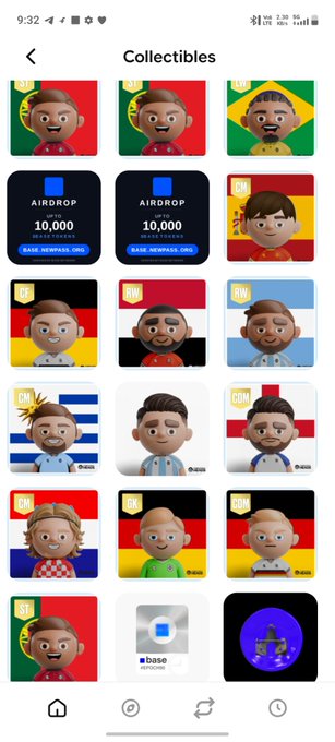 A screenshot of a "Collectibles" page on the Base app displaying a grid of 15 cartoon-style football player avatars set against various country flag backgrounds, alongside two blue "AIRDROP CLAIM 10,000 $OFC" cards and a purple rocket icon. The user is showcasing their minted NFT collection of country-themed football players, tied to the $OFC token and OneFootballCreator community mentioned in the post.