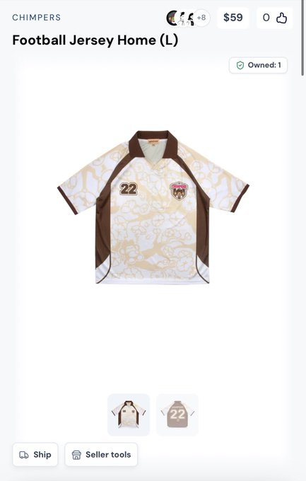 A digital storefront page titled 'Football Jersey Home (L)' from 'CHIMPERS' displaying a cream and brown patterned football jersey with the number 22, priced at $59, marked as 'Owned: 1'.