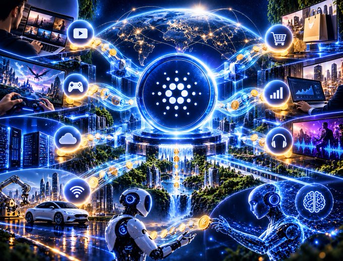 A futuristic digital collage featuring a central blue Cardano logo orb connected by flowing energy streams to various technology icons, robots, gaming, media, and cityscapes.