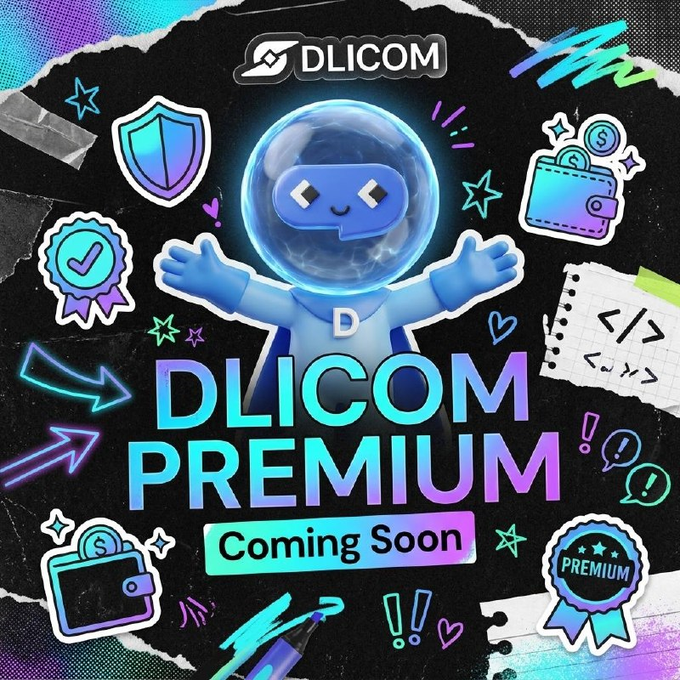 A promotional graphic for 'DLICOM PREMIUM' features a cute blue robot character in a bubble helmet surrounded by various icons, with a 'Coming Soon' banner.