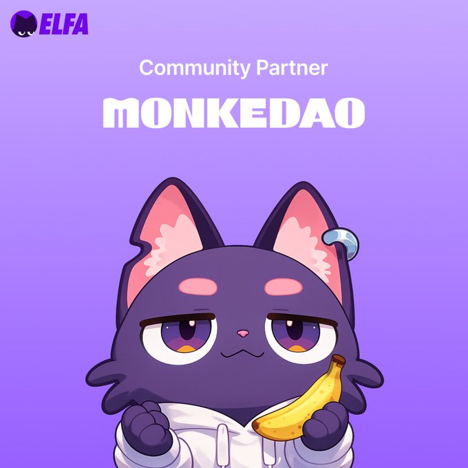 A purple cartoon cat character holds a banana against a lavender background, with text reading "ELFA Community Partner MONKEDAO" at the top. The image promotes the partnership between ELFA and MonkeDAO, featuring the cat mascot enjoying a banana—fitting the "Monke Business" theme mentioned in the post.