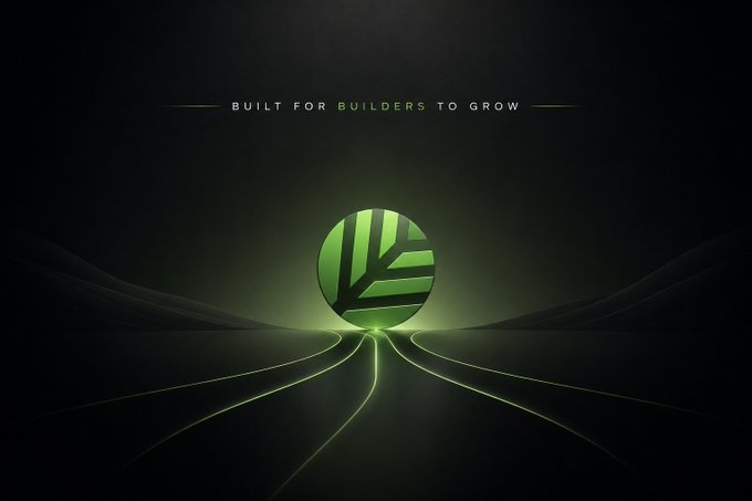 A glowing green Canopy logo sits at the center of a dark, road-like landscape, with light rays radiating outward beneath the tagline "BUILT FOR BUILDERS TO GROW," visually reinforcing the post's message of providing builders with the foundational infrastructure and ecosystem support needed to scale their ideas.