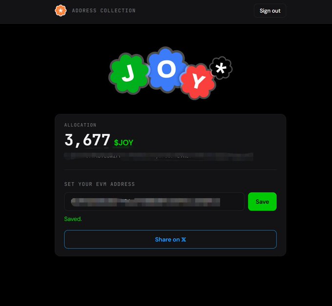 A dark-themed 'Address Collection' interface for JOY token shows an allocation of 3,677 $JOY with options to set an EVM address and share on X.