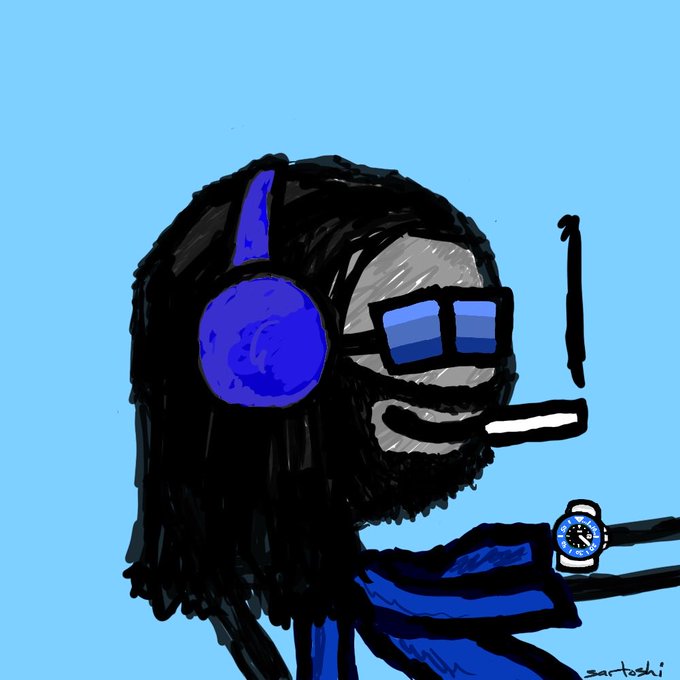 A digital illustration of a bearded character with long dark hair wearing blue headphones and pixelated sunglasses, smoking a cigarette against a light blue background.