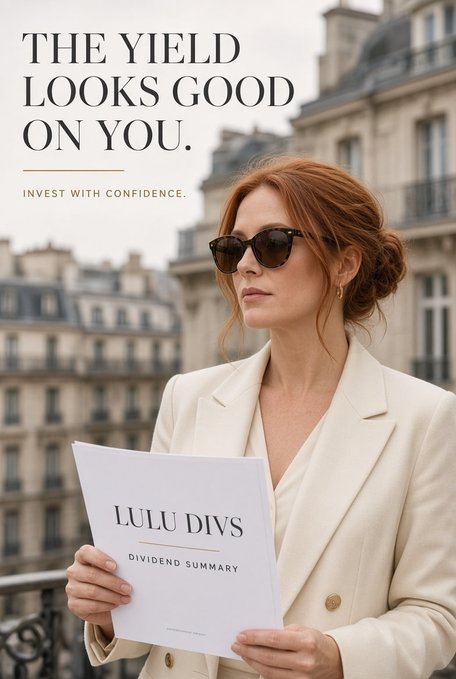 An advertisement features a red-haired woman in a white blazer and sunglasses holding a document titled 'LULU DIVS DIVIDEND SUMMARY,' with the text 'THE YIELD LOOKS GOOD ON YOU. INVEST WITH CONFIDENCE.' set against a Parisian cityscape.