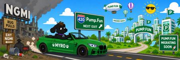 The image features a cartoon dog driving a green car with the words "Myro 2: The PumpFun Era Coming Soon, June 8th" written above it. This suggests that there might be an event or promotion related to Myro's upcoming release of their new album.