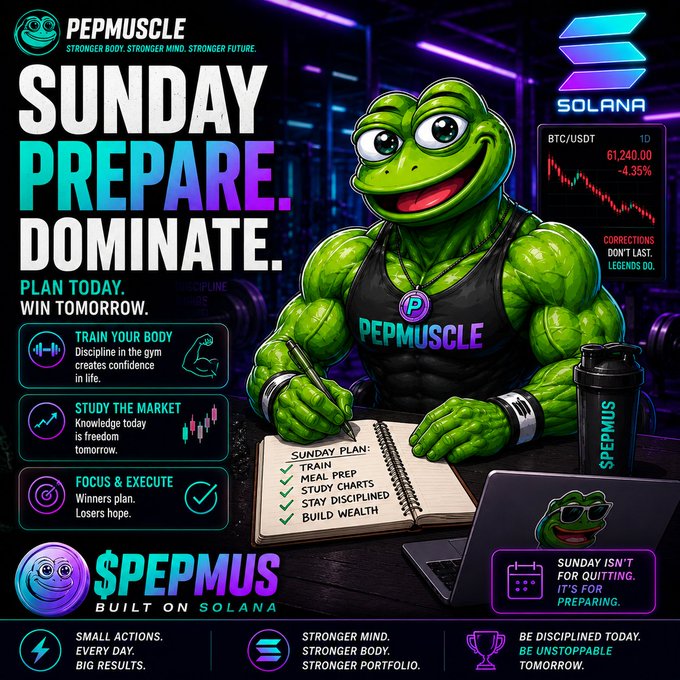 The image features a cartoon frog sitting at a desk with a laptop, pen, and notebook. The text above the frog reads "Sunday reminder The market never sleeps. Neither do your goals. A stronger body. A stronger mind. A stronger portfolio. Small actions. Every day. That'S how winners are built." This message is related to the post about fitness and cryptocurrency because both require consistent effort, discipline, and dedication in order to achieve success.