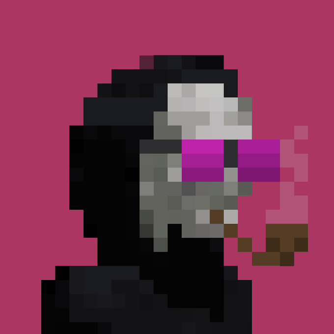 A pixel art image showing a hooded grim reaper figure smoking a pink cigarette with smoke rising against a dark pink background.