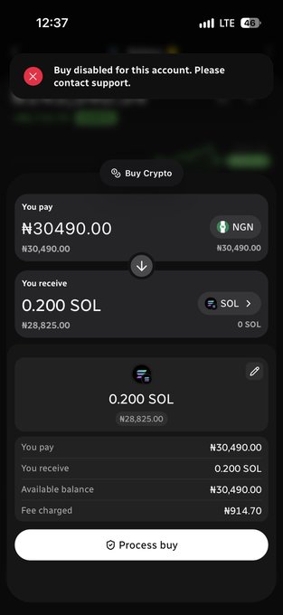 A mobile crypto exchange screenshot showing a 'Buy disabled for this account' error message, with a trade to buy 0.200 SOL for ₦30,490.00 NGN and a ₦914.70 fee.