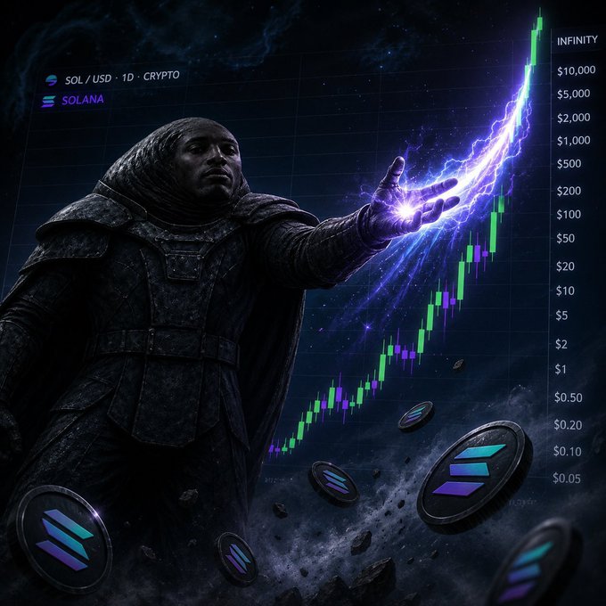A dark, sci-fi themed graphic showing a hooded figure conjuring purple lightning that forms a cryptocurrency price chart, labeled 'SOL / USD - 1D - CRYPTO' and 'SOLANA', showing a massive upward price trend with floating Solana tokens.