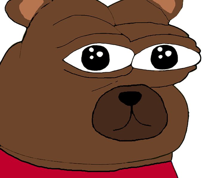 A cartoon drawing of a brown bear character with big glossy eyes wearing a red shirt, resembling the 'Fed Is Going to Cut Rates' or 'Monke' meme style.