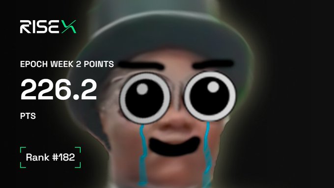 A meme featuring the "Crying Wojak with Glasses" character overlaid with RiseX statistics showing "EPOCH WEEK 2 POINTS" of 226.2 PTS at "Rank #182," humorously illustrating the poster's fear of accumulating valuable RiseX points that could attract unwanted attention later.