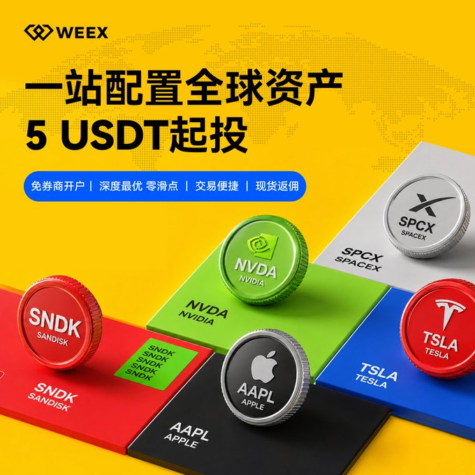 A promotional ad for WEEX featuring a yellow background with the headline "一站配置全球资产 5 USDT起投" (Configure global assets in one stop, starting from 5 USDT), displaying token-like coins representing popular US stocks: SNDK (SanDisk), NVDA (Nvidia), SPCX (SpaceX), AAPL (Apple), and TSLA (Tesla). The image visually supports the WEEX US Stocks Spot 2.0 promotion by showcasing the accessible range of US stock assets available for trading with a low entry threshold.