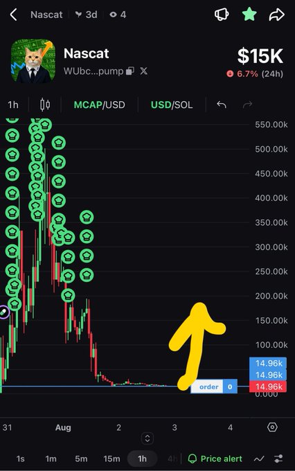 A cryptocurrency trading chart displays the memecoin "Nascat" (WUbc...pump) priced at $15K with a 6.7% 24-hour decline, showing a dramatic pump from ~$500K down to $14.96K on the MCAP/USD 1-hour timeframe. The chart visualizes the volatile price action referenced in the post about a random 10x pump on Solana.