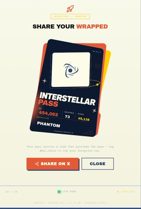 A 'Share Your Wrapped' screen displaying an 'INTERSTELLAR PASS' card with stats like OC 454,062, BADGES 73, and RANK #5,138 for the phantom archetype on the dac_chain platform.