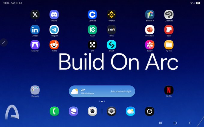 A tablet home screen titled 'Build On Arc' featuring various app icons including X, Discord, Coinbase, Binance, LinkedIn, Telegram, KuCoin, Bybit, and a weather widget showing 28°C in Karim House.