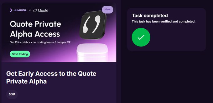 A promotional screen for Jumper's 'Quote Private Alpha Access' offering 15% cashback, paired with a 'Task completed' confirmation panel with a green checkmark.