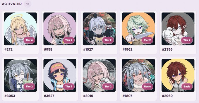 A collection page displaying 10 activated anime-style NFT character cards arranged in two rows, each labeled with tier badges (Tier 4, Tier 2, Basic) and identification numbers like #272, #958, and #2969.