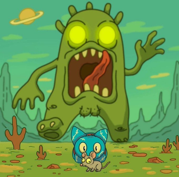 A cartoon illustration of a giant green monster with yellow eyes roaring on an alien planet, while a small blue cat character watches a tiny mouse on the ground below.