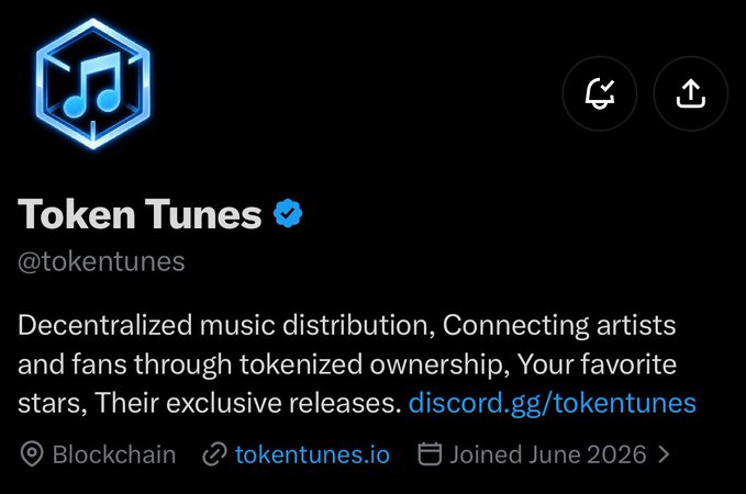 A screenshot of the Twitter/X profile for **Token Tunes (@tokentunes)**, a decentralized music distribution platform connecting artists and fans through tokenized ownership, joined June 2026. The profile features a blue hexagon logo with a music note and links to discord.gg/tokentunes and tokentunes.io, aligning with the post announcing their upcoming 5,555 music NFTs on Ethereum.