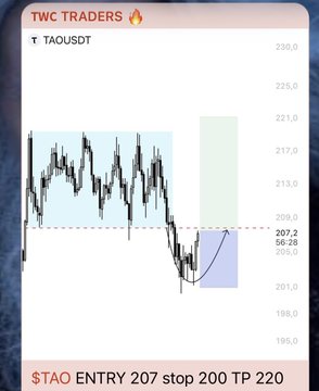 A trading chart for $TAOUSDT shows a long entry at 207 with a stop at 200 and take profit at 220, corresponding to the TAO trade discussed in the post about TWC Traders' ongoing positions and expectations.