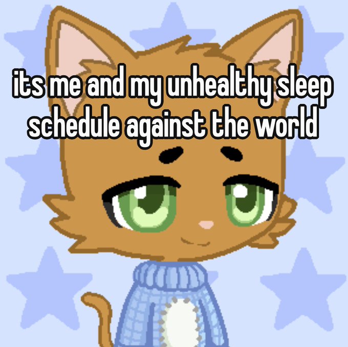 A pixel-art style illustration of an orange cat with green eyes wearing a blue sweater, with the text 'its me and my unhealthy sleep schedule against the world' overlaid on a star-patterned background.