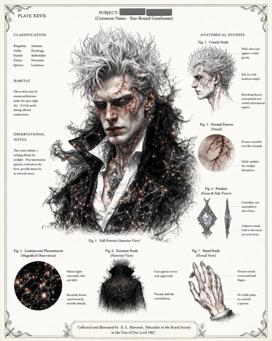 The image features a detailed illustration of a man's face with various descriptions about his physical attributes and characteristics. The artwork includes information about the man's anatomy, such as the presence of a scar above his eye or a birthmark on his forehead. Additionally, there are descriptions of the man's clothing, hair, and accessories like a cape. The post also mentions that the art is available for purchase at ZARGATES, indicating that it might be a product from the game "Valdir".