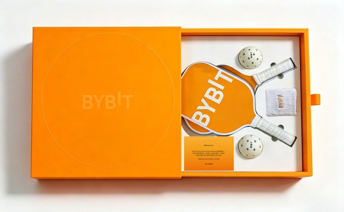 An open orange "BYBIT" branded box containing pickleball paddles, balls, a towel, and an informational card.