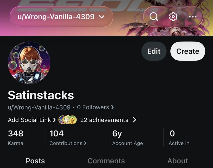 A Reddit profile screenshot for user "Satinstacks" (u/Wrong-Vanilla-4309) showing 348 Karma, 104 Contributions, and a 6-year account age, illustrating the poster's humble beginnings and gradual karma growth on the platform as they encourage others to join Reddit to support SPX6900.