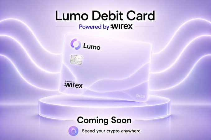 A promotional graphic for the 'Lumo Debit Card' powered by Wirex, featuring a purple card design with the text 'Coming Soon' and 'Spend your crypto anywhere.'